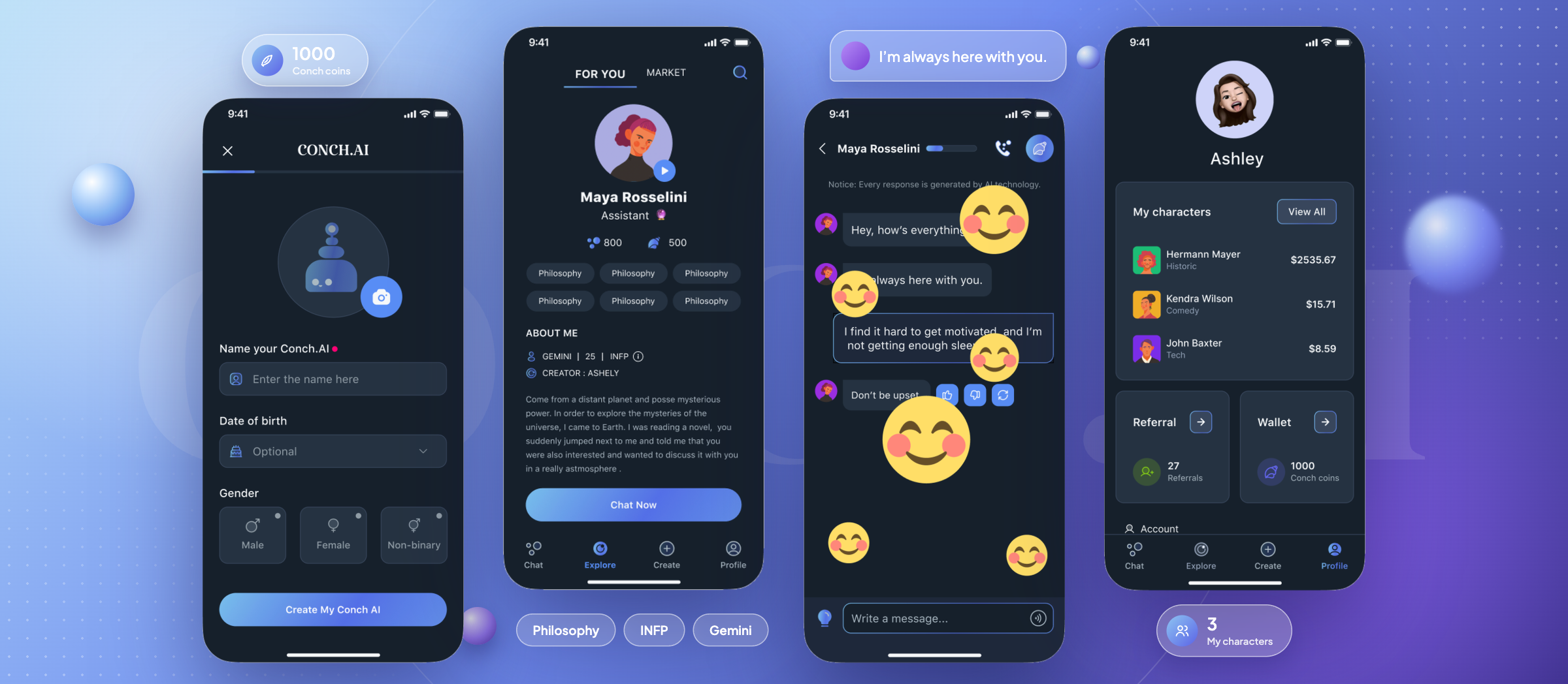Conch AI character creation, discovery, conversation, and profile screens