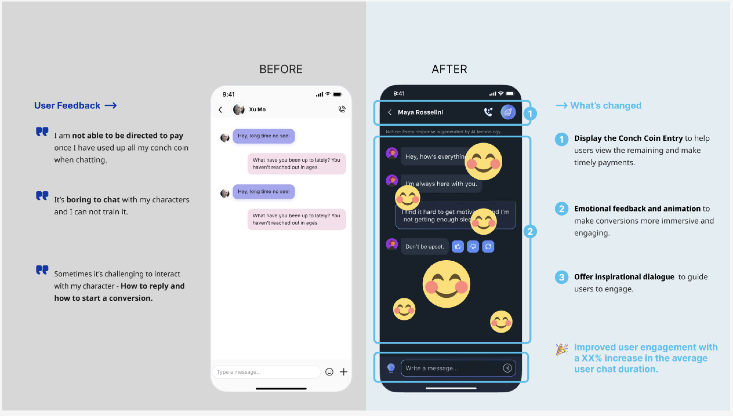 Chatting design iteration showing user feedback, before screen, after screen, and key changes