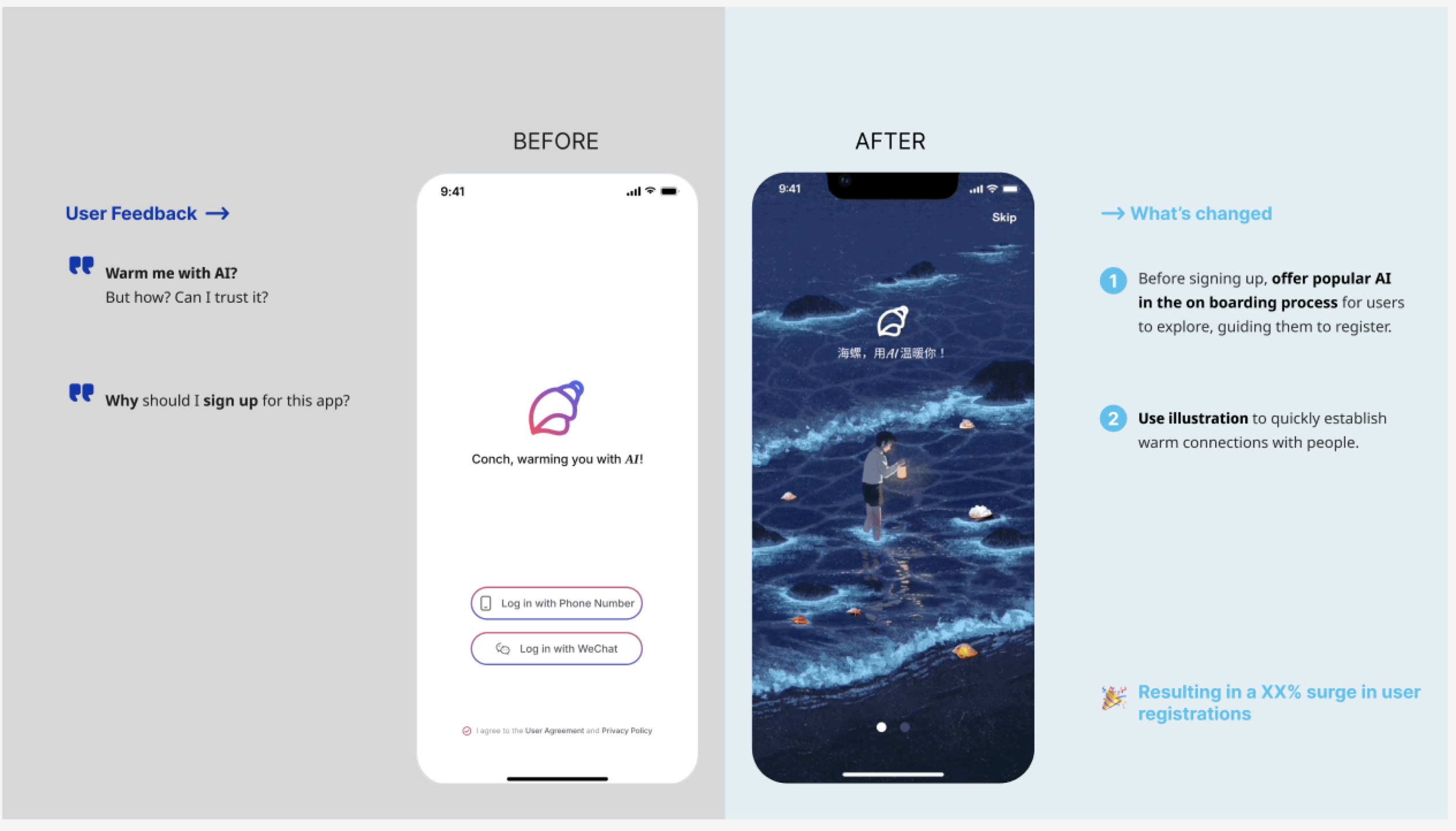 Onboarding design iteration showing user feedback, before screen, after screen, and key changes