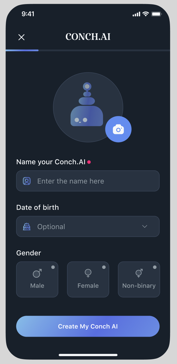 Conch AI character creation screen