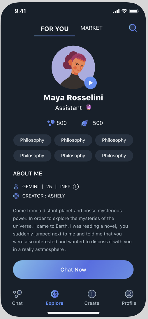 Conch AI character details and exploration screen