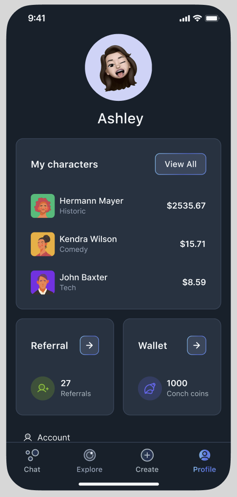 Conch AI profile and character management screen