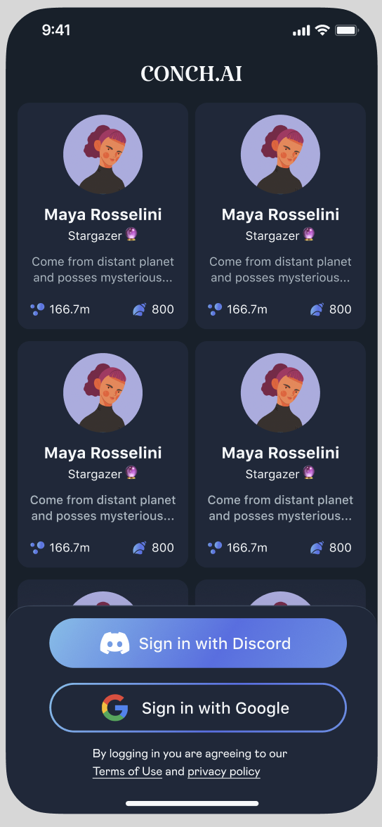 Conch AI character discovery and sign-in screen